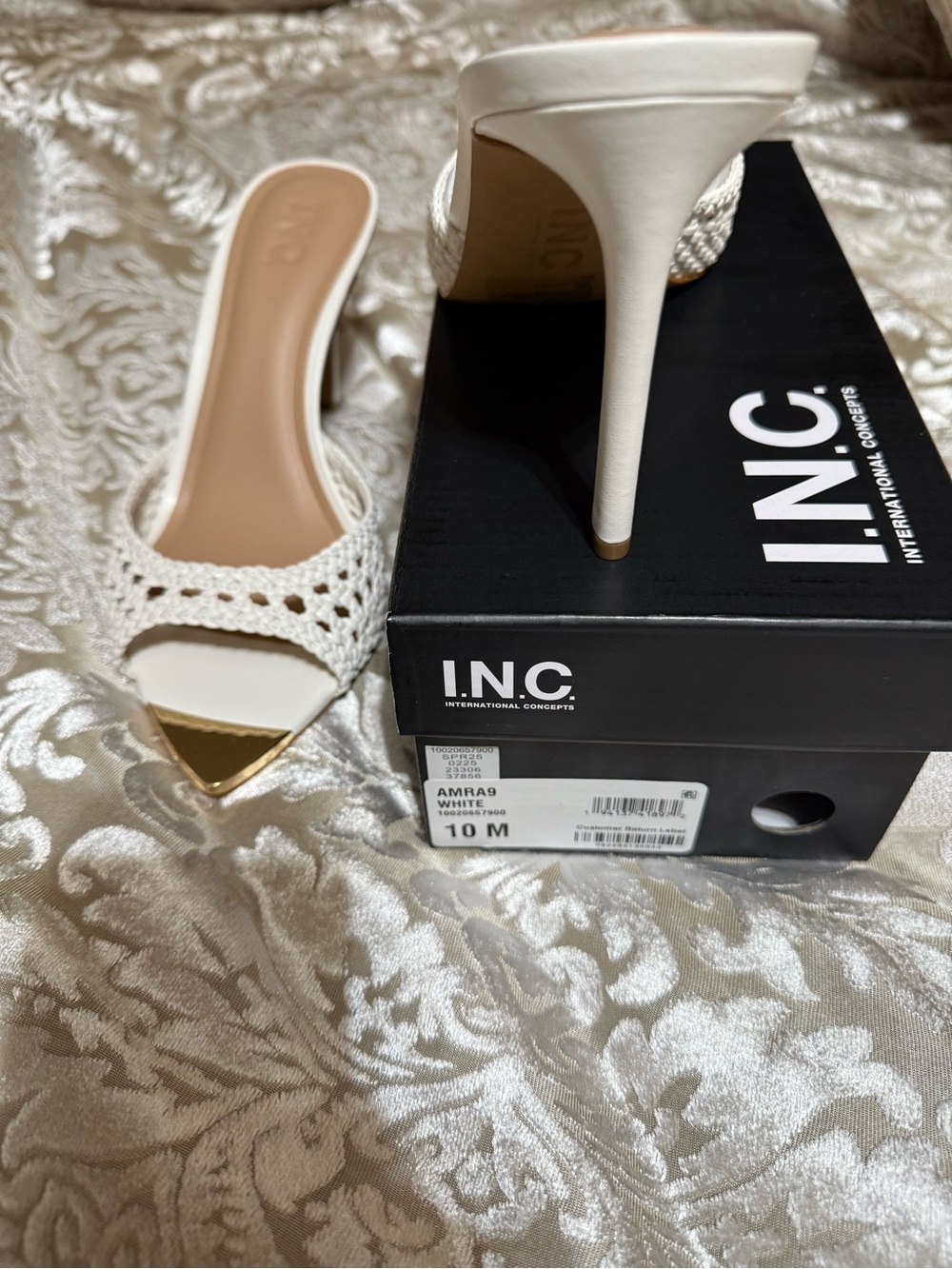 INC International Concepts White Woven Open-Toe Stiletto Mules with Gold Toe Cap